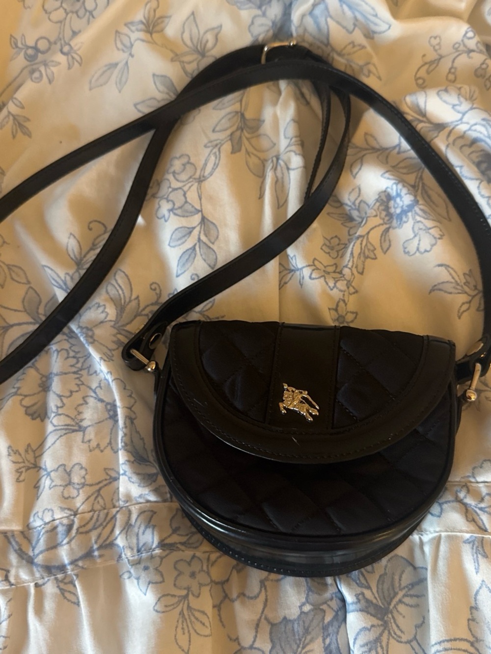 Burberry Black Quilted Leather Trim Crossbody with Silver Equestrian Motif